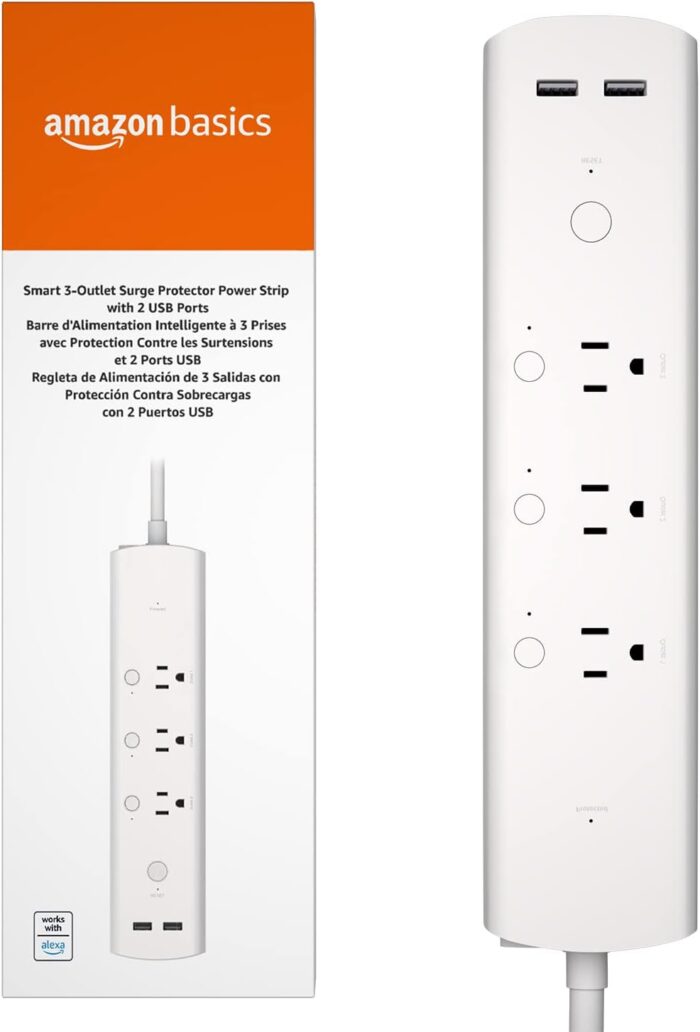 Amazon Basics Rectangular Smart Plug Power Strip with 3 Individually Controlled Outlets and 2 USB-A Ports, Works with Alexa Only, 2.4 GHz Wi-Fi, No Hub Required, White