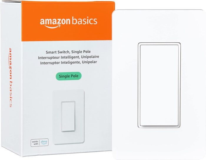 Amazon Basics Smart Switch, Single Pole, Works with Alexa Only, 2.4 GHz Wi-Fi, No Hub Required, White, 2.91 x 4.65 x 1.62 inches