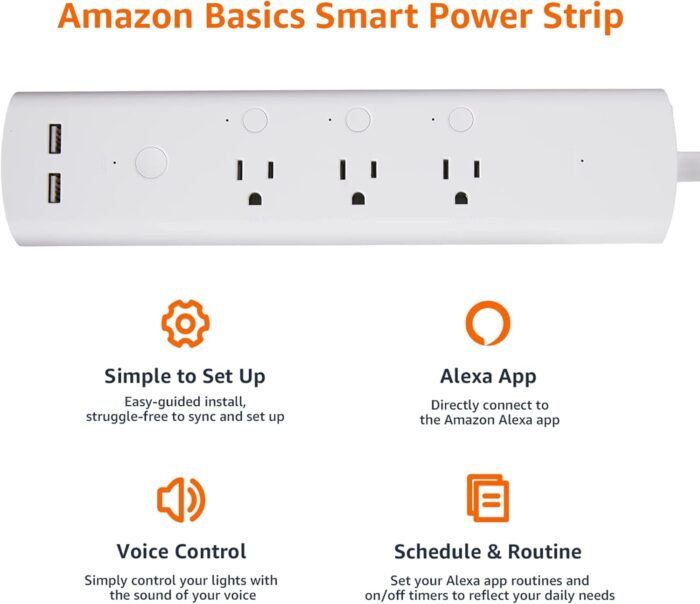 Amazon Basics Rectangular Smart Plug Power Strip with 3 Individually Controlled Outlets and 2 USB-A Ports, Works with Alexa Only, 2.4 GHz Wi-Fi, No Hub Required, White - Image 2