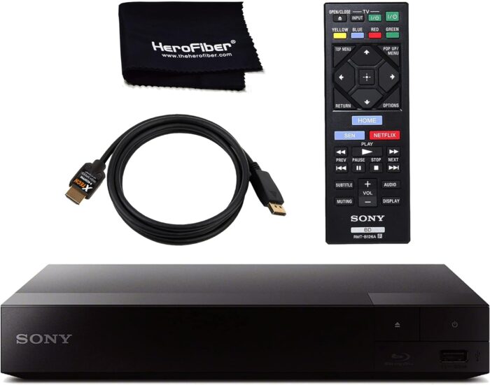 Sony 4K Upscaling 3D Home Theater Streaming Blu-Ray DVD Player with Wi-Fi, Includes HDMI Cable, Official Sony Remote, and Cloth