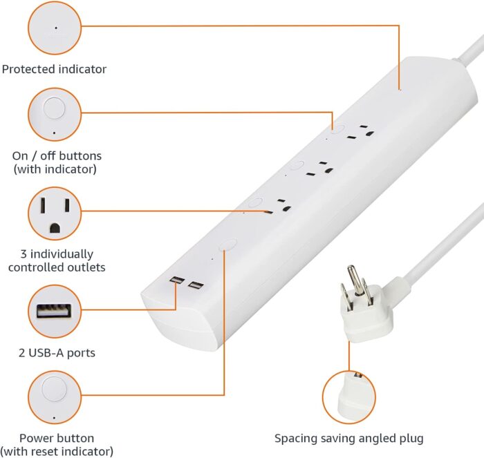 Amazon Basics Rectangular Smart Plug Power Strip with 3 Individually Controlled Outlets and 2 USB-A Ports, Works with Alexa Only, 2.4 GHz Wi-Fi, No Hub Required, White - Image 3