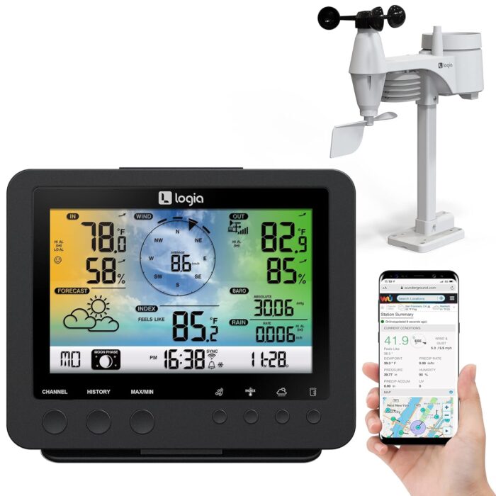 Logia 15-in-1 Wi-Fi Weather Station with 5-in-1 Sensor Array, Humidity, Wind Speed/Direction, Rain & More | Wireless LED Color Console w/Forecast Data, Alarm, Alerts