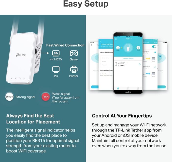 TP-Link AC1200 WiFi Extender, 2024 Wirecutter Best WiFi Extender, 1.2Gbps home signal booster, Dual Band 5GHz/2.4GHz, Covers Up to 1500 Sq.ft and 30 Devices ,support Onemesh, One Ethernet Port (RE315) - Image 5