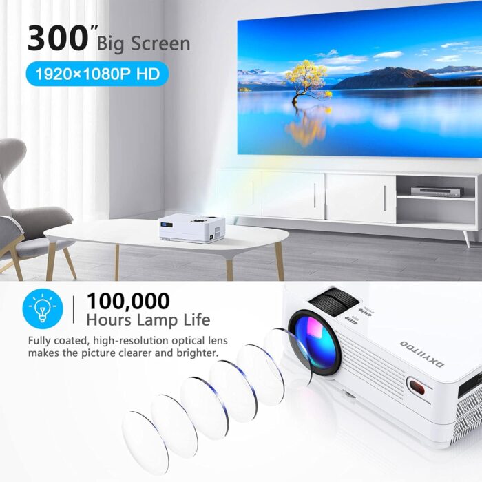 Native 1080P Projector with WiFi and Two-Way Bluetooth, Full HD Movie Projector for Outdoor Movies, 300" Display Projector 4k Home Theater, Compatible with iOS/Android/PC/XBox/PS4/TV Stick/HDMI/USB - Image 2