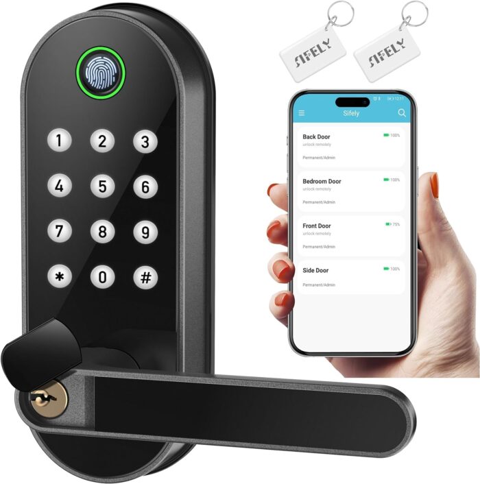 Keyless-Entry Fingerprint Smart Door Lock: Sifely Digital Electronic Lock with Code Passcode, Electric Door Knob, Biometric Handle, Perfect for Entry Doors, Bedroom Doors (Gray)