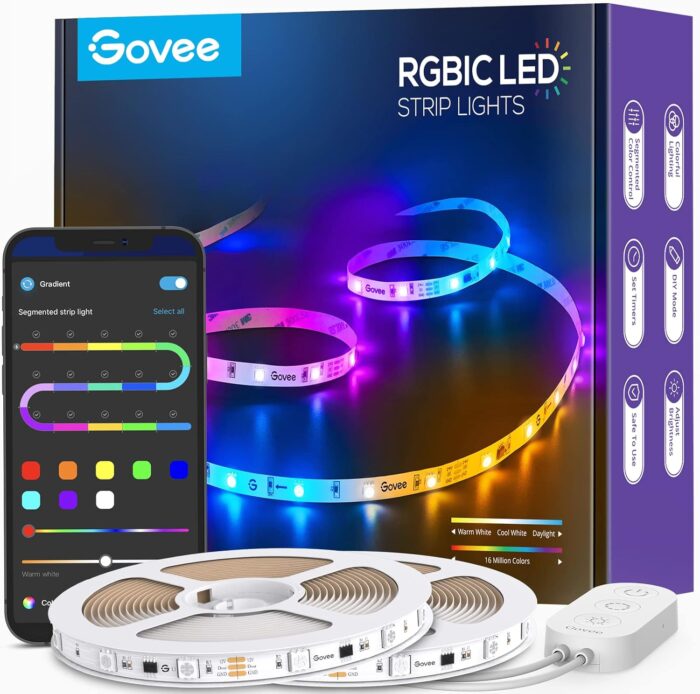 Govee 65.6ft RGBIC LED Strip Lights, Color Changing LED Strips, App Control via Bluetooth, Smart Segmented Control, Multiple Scenes, Enhanced Music Sync LED Lights for Bedroom, Halloween (2 X 32.8ft)