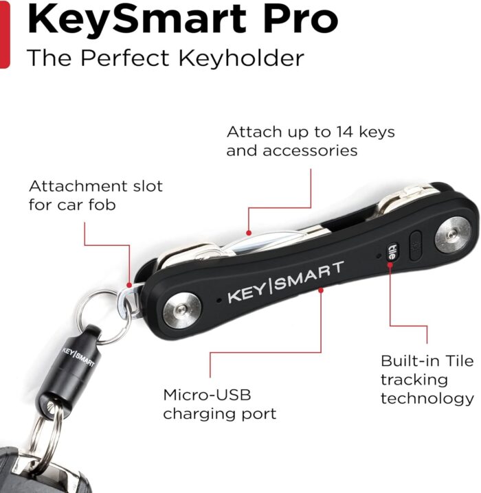 KeySmart Pro - Compact Smart Trackable Key Holder w LED Flashlight & Tile Bluetooth Key Finder Technology, EDC Key Organizer, Attach Car Key Fob, Other Mini Tools (up to 10 Keys, Black) - Image 7