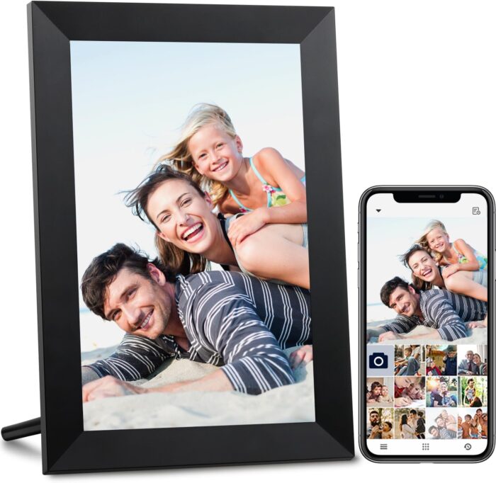 AEEZO 10.1 Inch WiFi Digital Picture Frame, IPS Touch Screen Smart Cloud Photo Frame with 32GB Storage, Easy Setup to Share Photos or Videos via AiMOR APP, Auto-Rotate, Wall Mountable (Black)