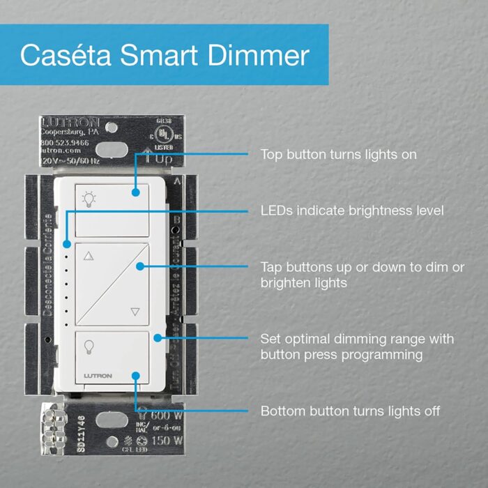 Lutron Caseta Smart Lighting Original Dimmer Switch, for Light Bulbs and Fans, Works w/ Alexa, Apple Homekit, Google Home (Hub Required), No Neutral Required, 150W 3-Way, PD-6WCL-LA, Light Almond - Image 11