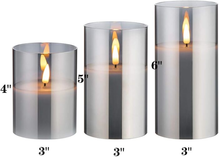 Eywamage Smoke Grey Glass Flameless Candles with Remote, Flickering Battery Operated LED Pillar Candles Set of 3 - Image 2