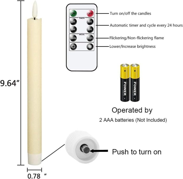 GenSwin Flameless Ivory Taper Candles Flickering with 10-Key Remote, Battery Operated Led Warm 3D Wick Light Window Candles Real Wax Pack of 6, Christmas Home Wedding Decor(0.78 X 9.64 Inch) - Image 7