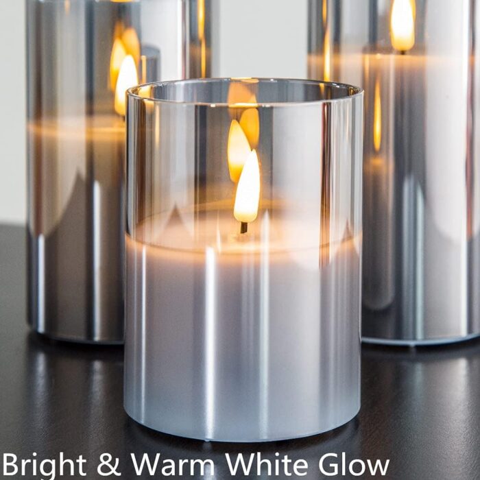 Eywamage Smoke Grey Glass Flameless Candles with Remote, Flickering Battery Operated LED Pillar Candles Set of 3 - Image 4