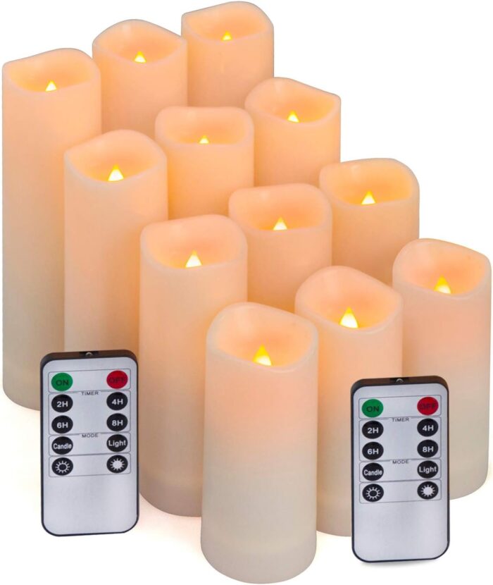 Aignis Flameless LED Candles with 10-Key Remote & Timer, Outdoor Indoor Waterproof Battery Operated Candles for Home/Birthday/Wedding/Holiday Décor, Exquisite Set of 12 (D2.2'' x H4''/5''/6''/7'')