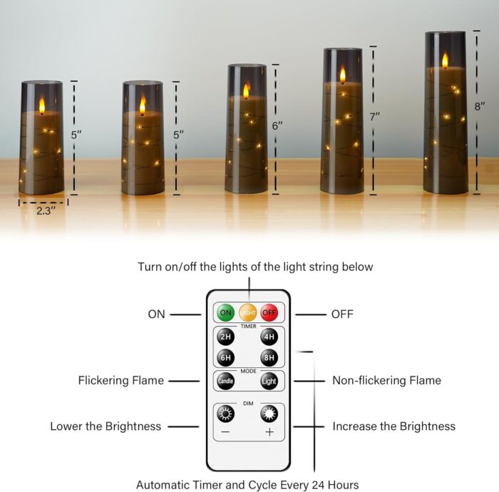 Flameless LED Candles with Timer 5 Pc Flickering Flameless Candles for Romantic Ambiance and Home Decoration Stable Acrylic Shell,with Embedded Star String，Battery Operated Candles（Grey） - Image 5