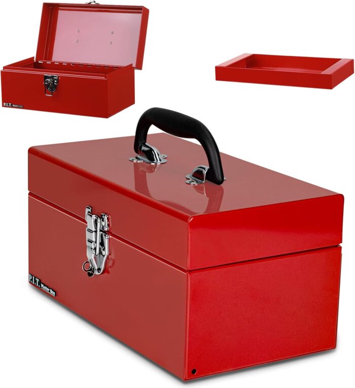 P.I.T. 12’‘ Small Tool Box,Portable Removable Tray Heavy Steel Tool Box with Metal Latch Closure,Red,Tool Storage, Lockable,Mini Tool Box,Small Tool Case for Household, Warehouse,Tools Storage
