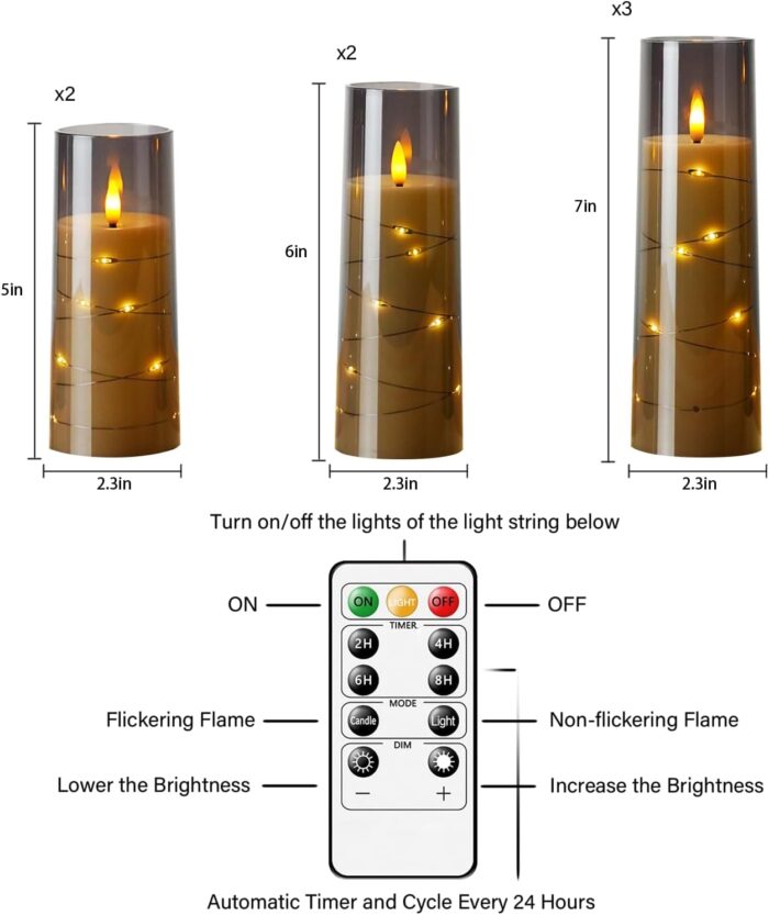 Flameless Candles with Embedded Star String, Battery Operated LED Pillar Candles with Timer and Remote Control,Home Decorating for Ambiance， Set of 7 (D 2.3"×H 5" 5" 6" 6" 7" 7" 7")(Grey) - Image 5