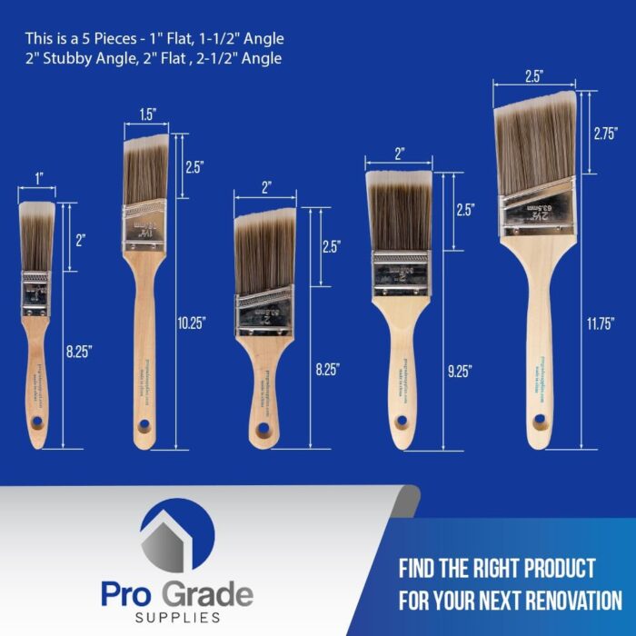 Pro Grade- Paint Brushes - 5 Piece Flat and Angle, Paint Brush for All Latex and Oil Paints & Stains - Home Improvement - Interior & Exterior Use Paint Brush - Image 2