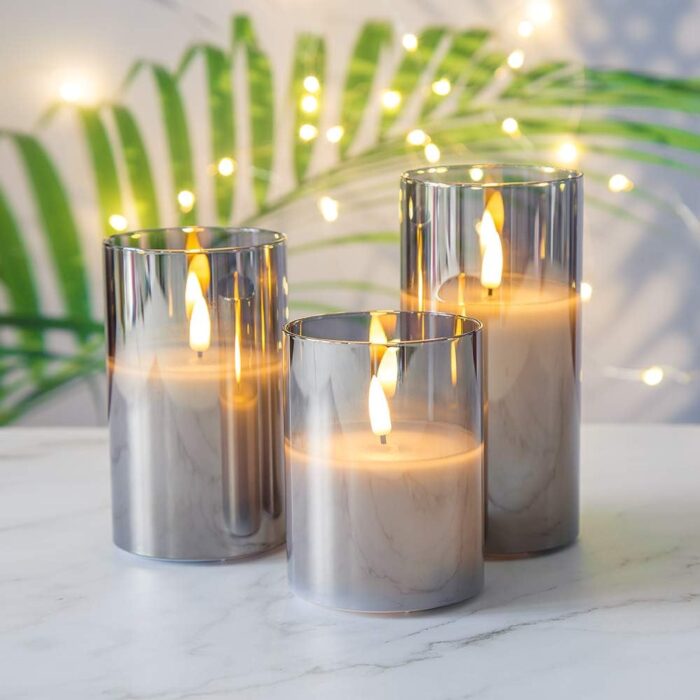 Eywamage Smoke Grey Glass Flameless Candles with Remote, Flickering Battery Operated LED Pillar Candles Set of 3 - Image 5