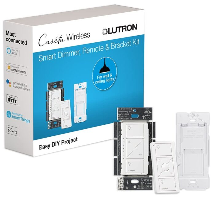 Lutron Caseta Smart Lighting Original Dimmer Switch Kit w/ Pico Remote and Bracket, for LED Lights, Works w/ Alexa, Apple Homekit, Google Home (Hub Required), 150W, No Neutral Required, P-PKG1WB-WH