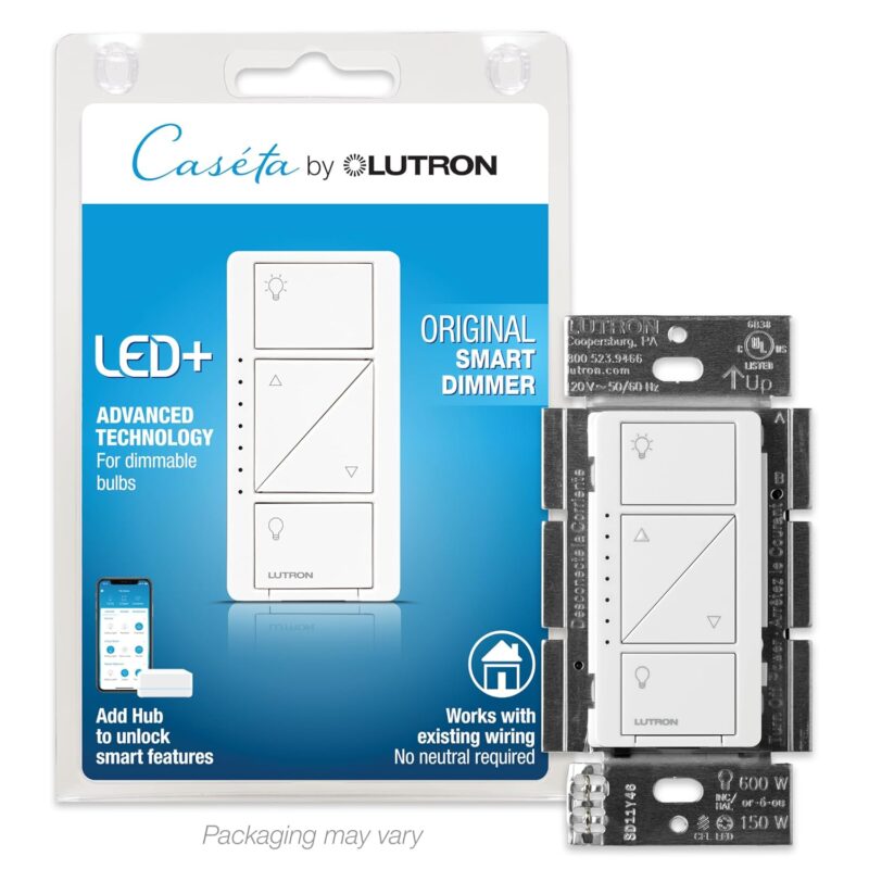 Lutron Caseta Smart Lighting Original Dimmer Switch, for Light Bulbs and Fans, Works w/ Alexa, Apple Homekit, Google Home (Hub Required), 150W Single-Pole/3-Way, No Neutral Required, PD-6WCL-WH, White