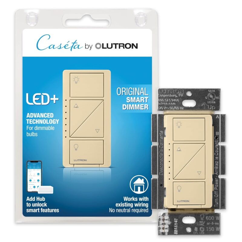 Lutron Caseta Smart Lighting Original Dimmer Switch, for Light Bulbs and Fans, Works w/ Alexa, Apple Homekit, Google Home (Hub Required), No Neutral Required, 150W 3-Way, PD-6WCL-IV, Ivory