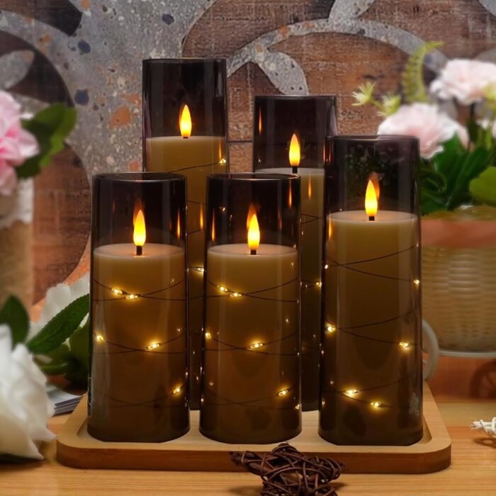 Flameless LED Candles with Timer 5 Pc Flickering Flameless Candles for Romantic Ambiance and Home Decoration Stable Acrylic Shell,with Embedded Star String，Battery Operated Candles（Grey） - Image 6