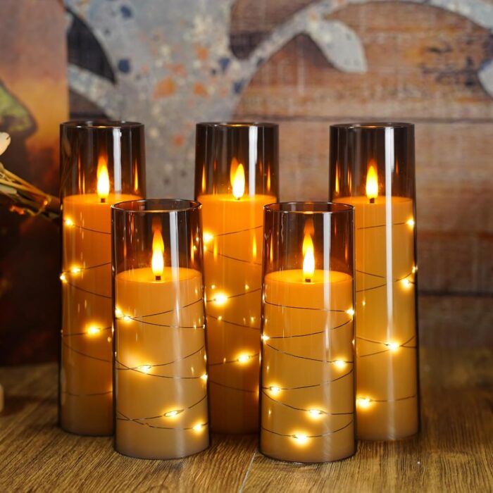 Flameless Candles with Embedded Star String, Battery Operated LED Pillar Candles with Timer and Remote Control,Home Decorating for Ambiance， Set of 7 (D 2.3"×H 5" 5" 6" 6" 7" 7" 7")(Grey) - Image 6