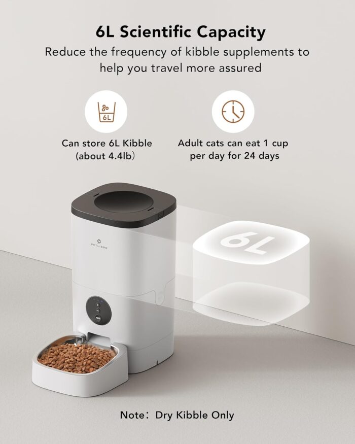 Petlibro Automatic Dog Feeder, 6L Dog Food Dispenser with Customize Feeding Schedule, 2.4G WiFi Pet Feeder with Timer Interactive Voice Recorder, Auto Dog Feeder for Cat Pet 1-4 Meals Dry Food - Image 5