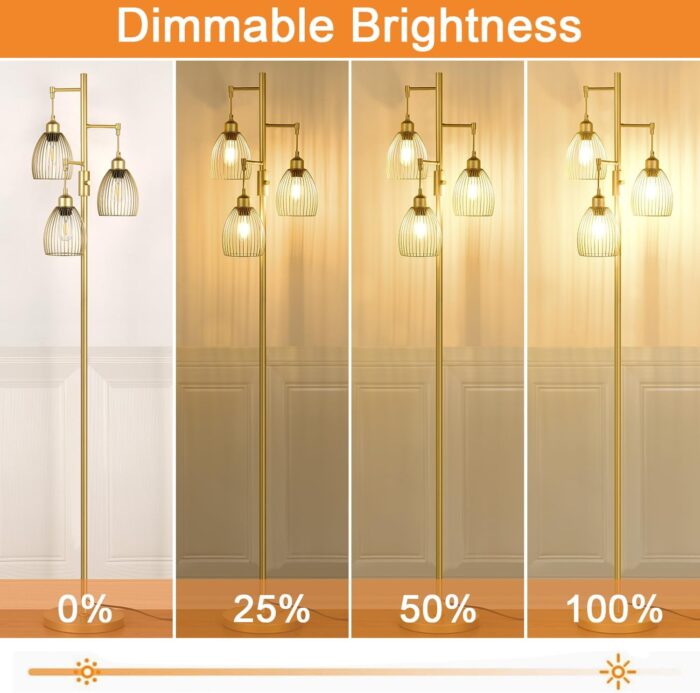 Dimmable Industrial Floor Lamps for Living Room, Gold Tree Standing Tall Lamps with 3 Elegant Teardrop Cage Head & 800 Lumens LED Bulbs for Bedroom Office - Image 3