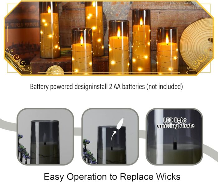 Flameless Candles with Embedded Star String, Battery Operated LED Pillar Candles with Timer and Remote Control,Home Decorating for Ambiance， Set of 7 (D 2.3"×H 5" 5" 6" 6" 7" 7" 7")(Grey) - Image 2