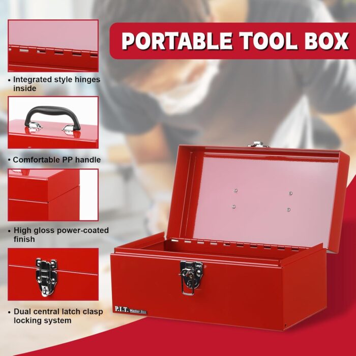 P.I.T. 12’‘ Small Tool Box,Portable Removable Tray Heavy Steel Tool Box with Metal Latch Closure,Red,Tool Storage, Lockable,Mini Tool Box,Small Tool Case for Household, Warehouse,Tools Storage - Image 9