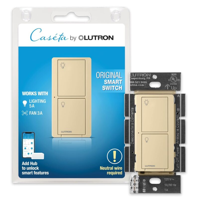 Lutron Caseta Smart Lighting Original Switch for Light Bulbs and Fans, Works w/ Alexa, Apple HomeKit, Google Home (Hub Required), 6A Single-Pole/3-Way, Neutral Required, PD-6ANS-IV, Ivory