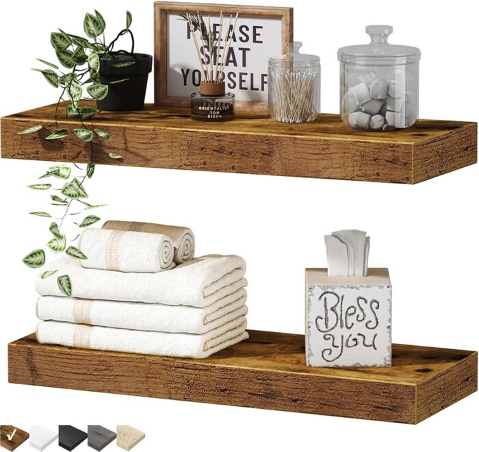 QEEIG Bathroom Floating Shelves for Wall Shelf Over Toilet Wall Mounted Farmhouse Small 16 inch Set of 2, Rustic Brown (008-40BN)