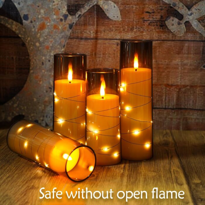 Flameless Candles with Embedded Star String, Battery Operated LED Pillar Candles with Timer and Remote Control,Home Decorating for Ambiance， Set of 7 (D 2.3"×H 5" 5" 6" 6" 7" 7" 7")(Grey) - Image 3
