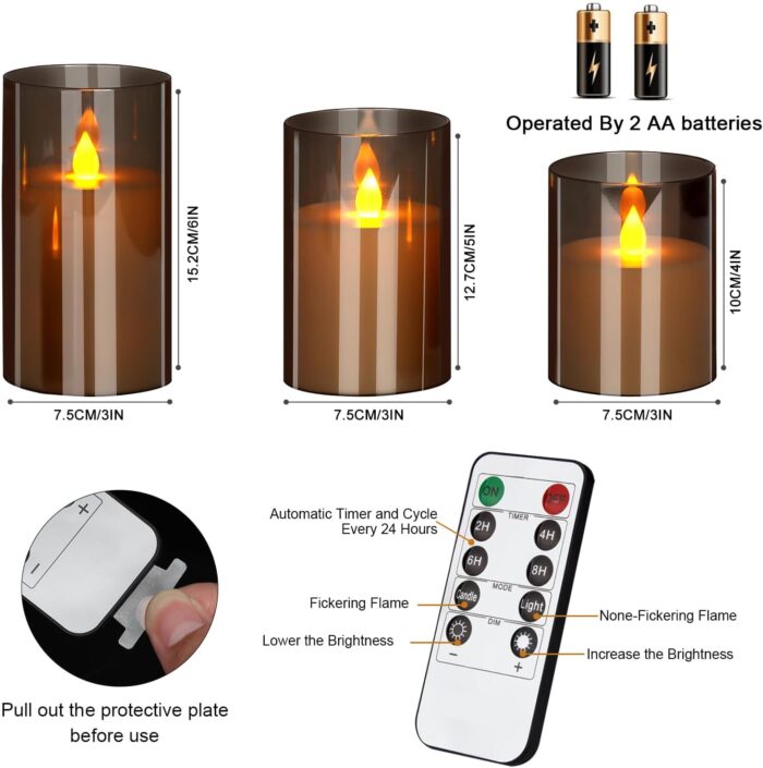 Flameless Candles 4" 5" 6" Set of 3 Acrylic Glass Pillars 3" Diameter Battery Operated Flickering Gray Candles Include Remote Timer for Home Decor Wedding Festival Cafe Restaurant - Image 6