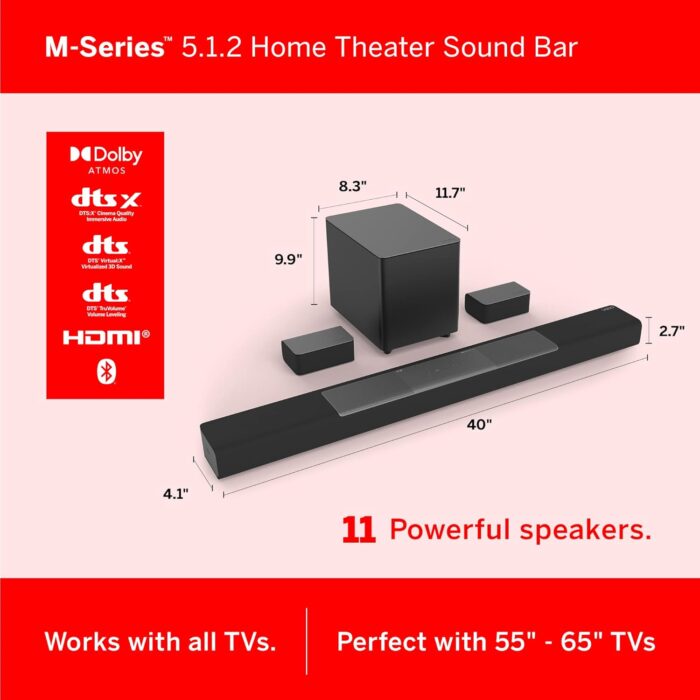 VIZIO M-Series 5.1.2 Immersive Sound Bar with Dolby Atmos, DTS:X, Bluetooth, Wireless Subwoofer, Voice Assistant Compatible, Includes Remote Control - M512a-H6 - Image 2