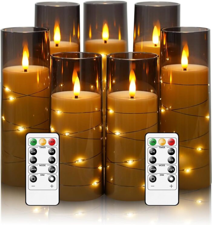 Flameless Candles with Embedded Star String, Battery Operated LED Pillar Candles with Timer and Remote Control,Home Decorating for Ambiance， Set of 7 (D 2.3"×H 5" 5" 6" 6" 7" 7" 7")(Grey)