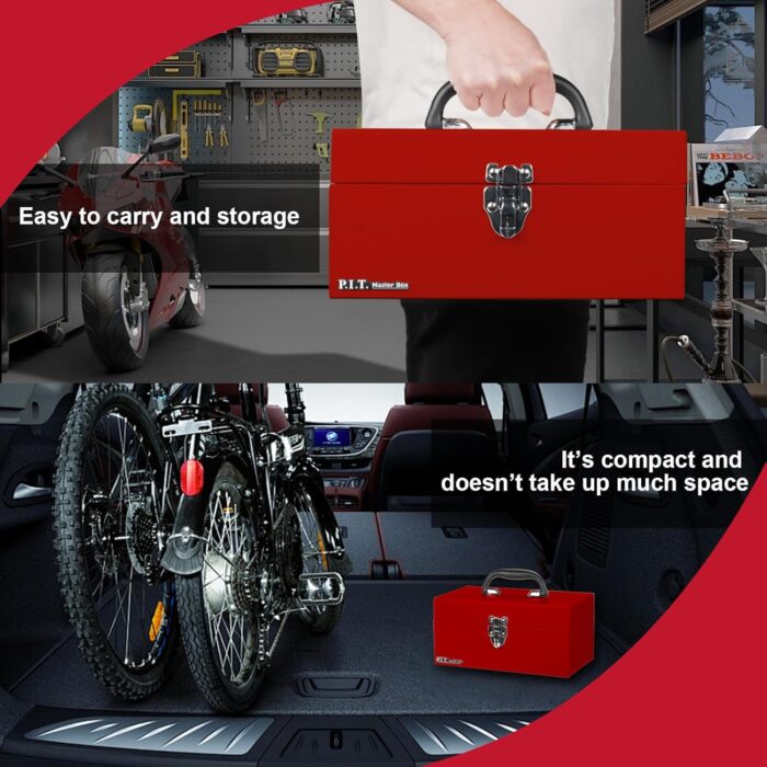 P.I.T. 12’‘ Small Tool Box,Portable Removable Tray Heavy Steel Tool Box with Metal Latch Closure,Red,Tool Storage, Lockable,Mini Tool Box,Small Tool Case for Household, Warehouse,Tools Storage - Image 7