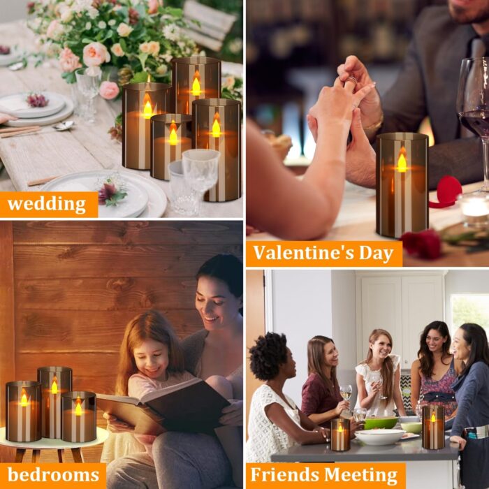 Flameless Candles 4" 5" 6" Set of 3 Acrylic Glass Pillars 3" Diameter Battery Operated Flickering Gray Candles Include Remote Timer for Home Decor Wedding Festival Cafe Restaurant - Image 4