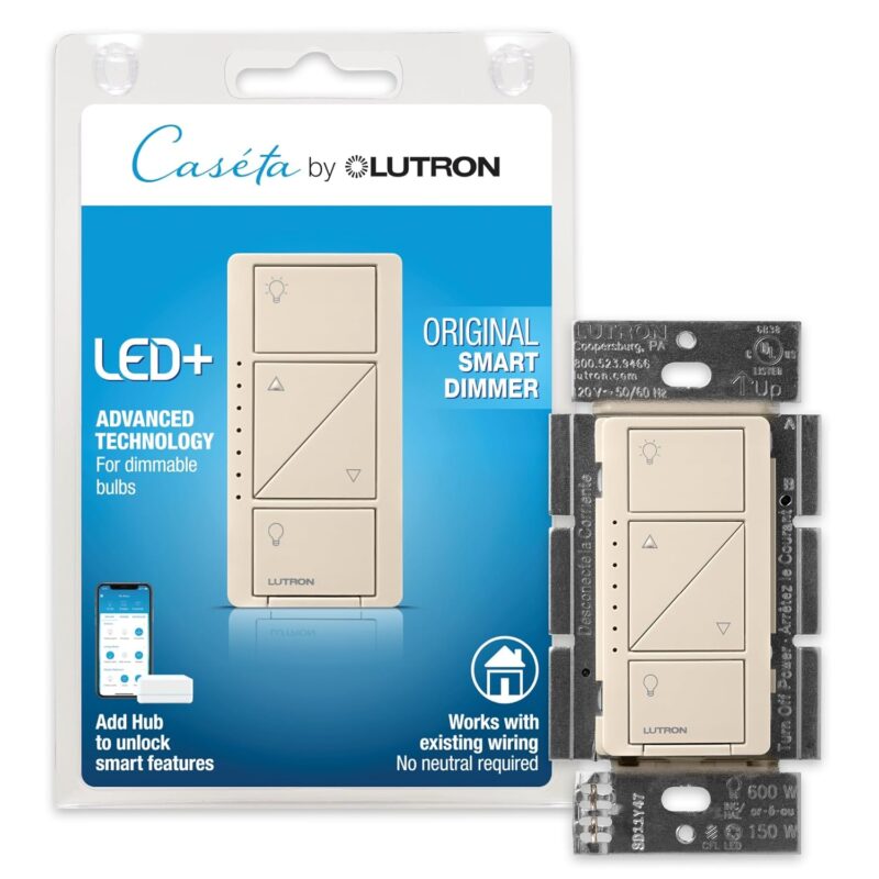 Lutron Caseta Smart Lighting Original Dimmer Switch, for Light Bulbs and Fans, Works w/ Alexa, Apple Homekit, Google Home (Hub Required), No Neutral Required, 150W 3-Way, PD-6WCL-LA, Light Almond