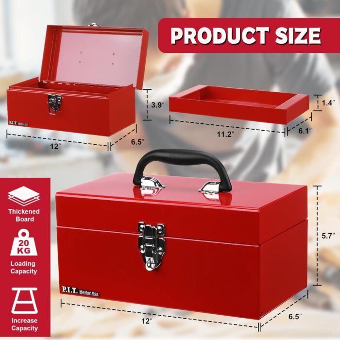 P.I.T. 12’‘ Small Tool Box,Portable Removable Tray Heavy Steel Tool Box with Metal Latch Closure,Red,Tool Storage, Lockable,Mini Tool Box,Small Tool Case for Household, Warehouse,Tools Storage - Image 2