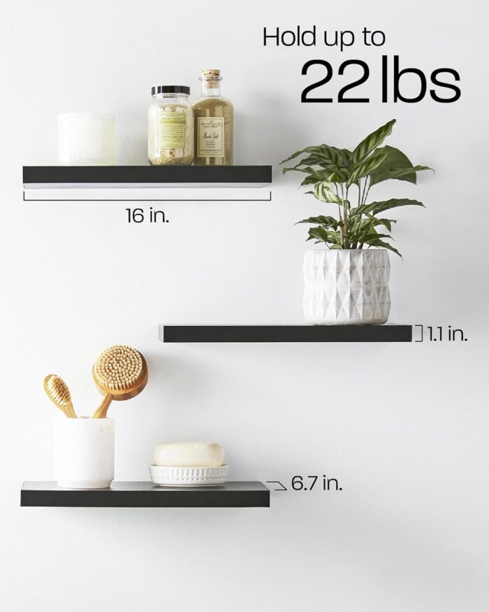 BAYKA Floating Shelves for Wall, Wall Mounted Rustic Wood Shelves for Bathroom, Bedroom, Living Room, Kitchen, Hanging Shelf for Books/Storage/Room Decor with 22lbs Capacity (Black, Set of 3, 16in) - Image 6