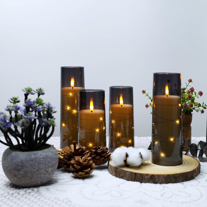 Flameless LED Candles with Timer 5 Pc Flickering Flameless Candles for Romantic Ambiance and Home Decoration Stable Acrylic Shell,with Embedded Star String，Battery Operated Candles（Grey） - Image 3