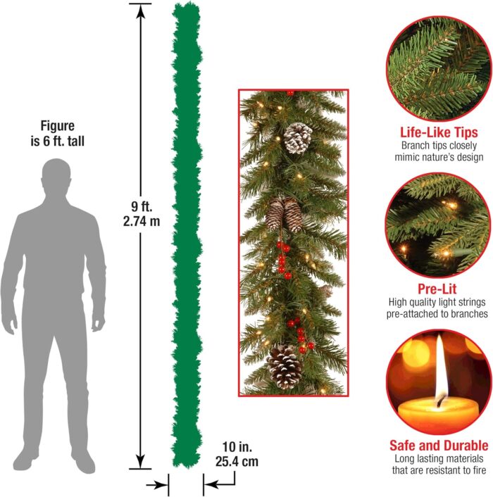 National Tree Company Pre-Lit Artificial Christmas Garland, Green, Frosted Berry, White Lights, Decorated with Pine Cones, Berry Clusters, Plug In, Christmas Collection, 9 Feet - Image 3