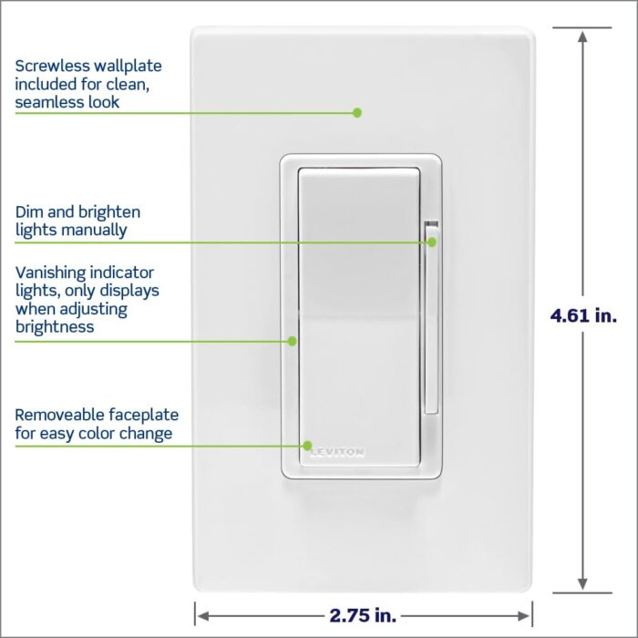 Leviton Decora Smart Dimmer Switch, Wi-Fi 2nd Gen, Neutral Wire Required, Works with Matter, My Leviton, Alexa, Google Assistant, Apple Home/Siri & Wired or Wire-Free 3-Way, D26HD-2RW, White - Image 5