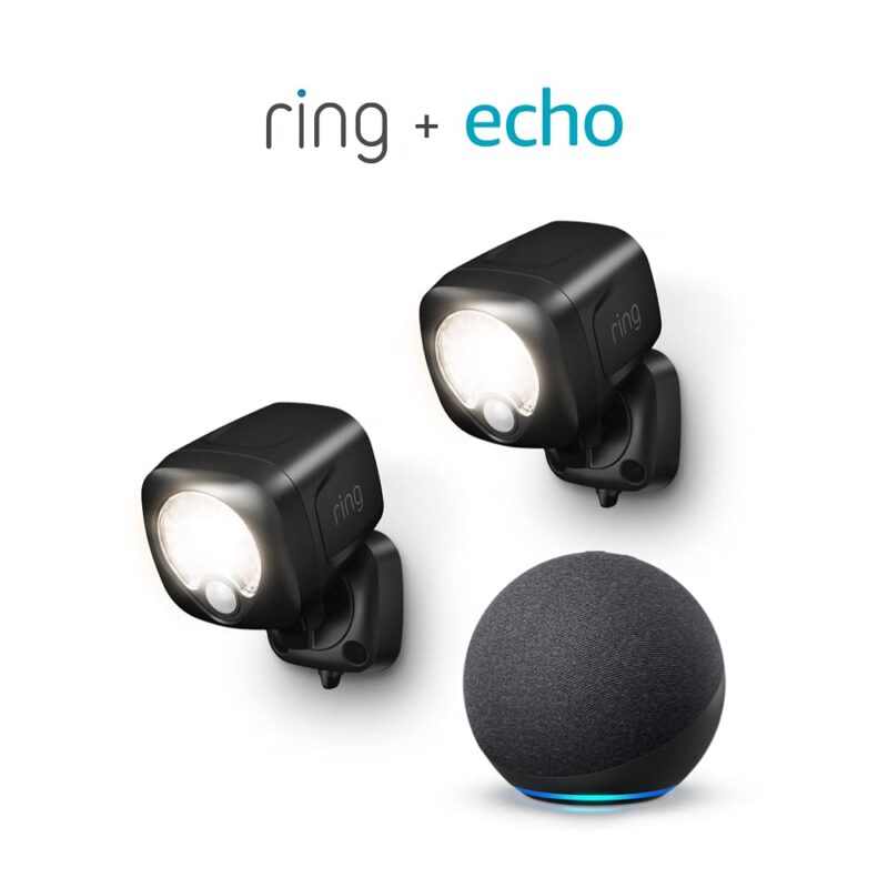 Ring Smart Lighting – Spotlight, Battery-Powered, Outdoor Motion-Sensor Security Light, Black (2-pack) + Echo (4th Gen)