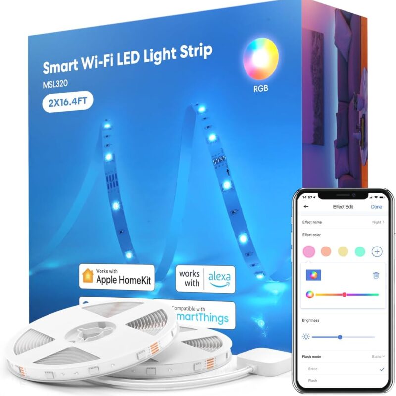 meross Smart LED Strip Lights, 32.8ft WiFi RGB Strip, Works with Apple HomeKit, Siri, Alexa&Google and SmartThings, App Control, Color Changing Lights Strip for Room, Party, Festivals, UL Listed