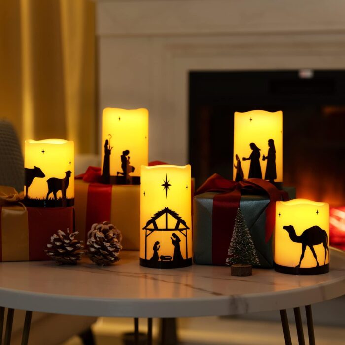 Homemory Flameless Christmas Nativity Scene Candles, Battery Operated LED Pillar Religion Candles, Nativity Sets Indoor Outdoor Decorations for Xmas Holiday Home Decor, with Remote and Timer, Set of 5 - Image 2