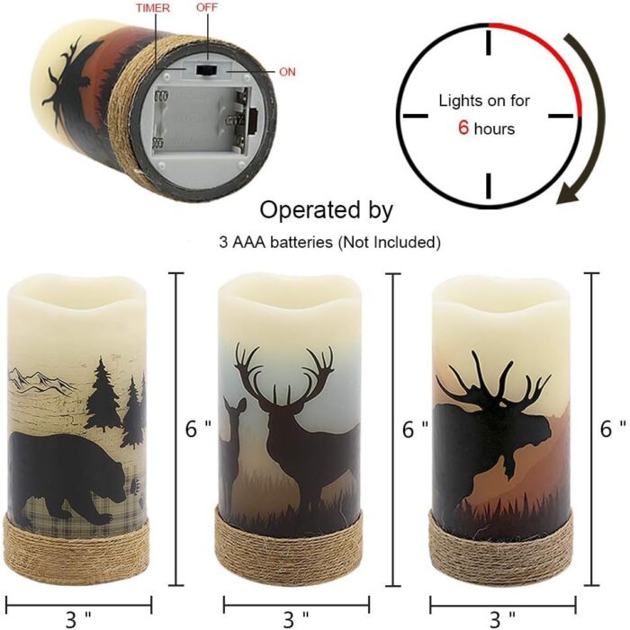 GenSwin Flameless Flickering Led Candles with Hemp Rope and 6H Timer, Battery Operated Set of 3 Real Wax Pillar Rustic Candles Warm Light with Deer, Moose, Bear Decals Decor Christmas Home(D3 x H6) - Image 7