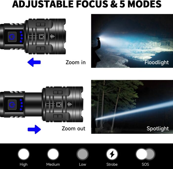 Rechargeable Flashlights High Lumens, 990000LM Powerful Tactical Flashlights, 5 Modes LED Flashlight Adjustable, Brightest Flashlight Waterproof, Handheld Flash Light for Emergencies, Camping, Hiking - Image 3